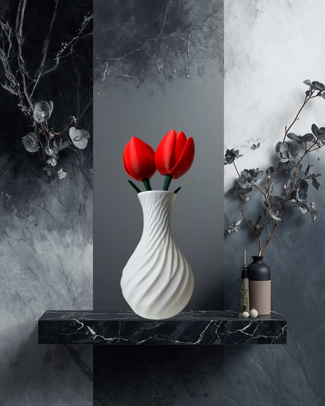 White spiral vase with red tulips as decorative 3D print